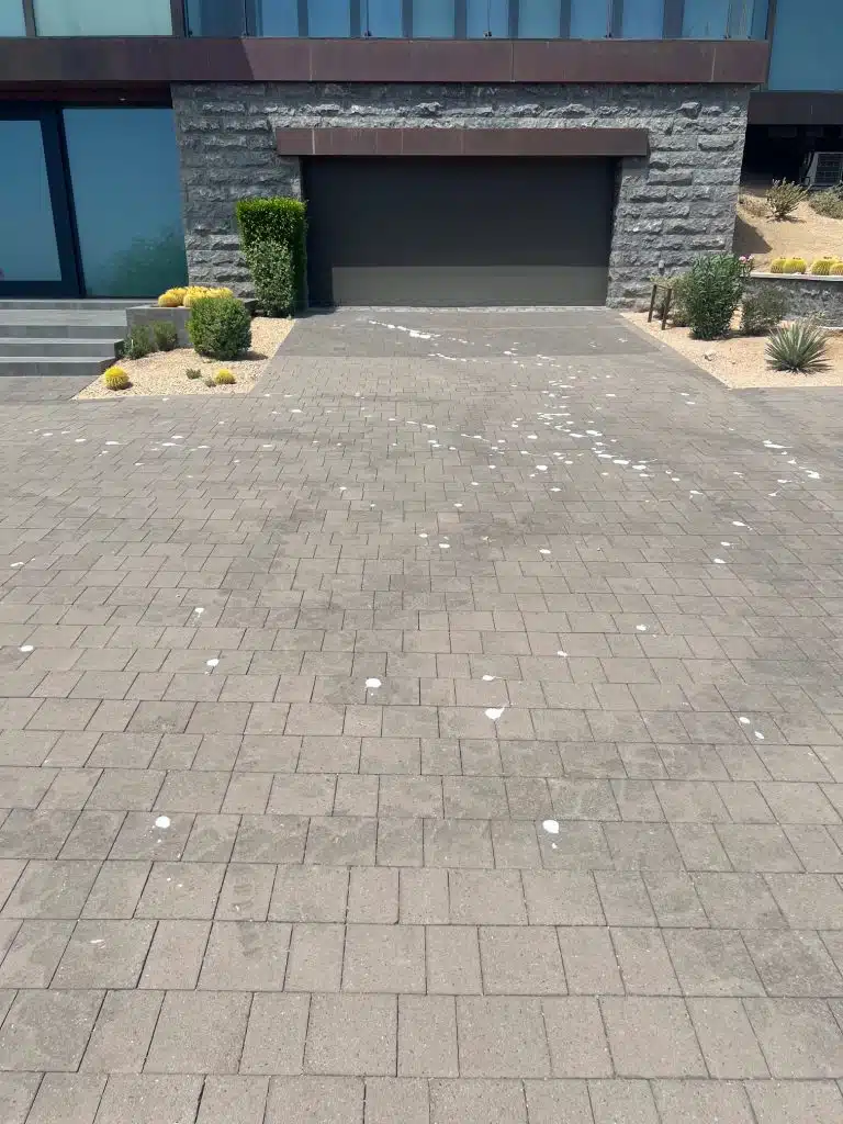 Paver driveway before cleaning, showing white stains in front of the garage